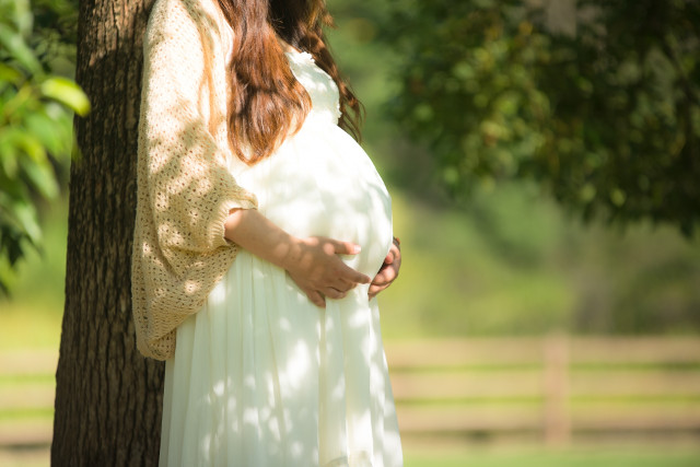 木の下に立つ妊娠中の女性